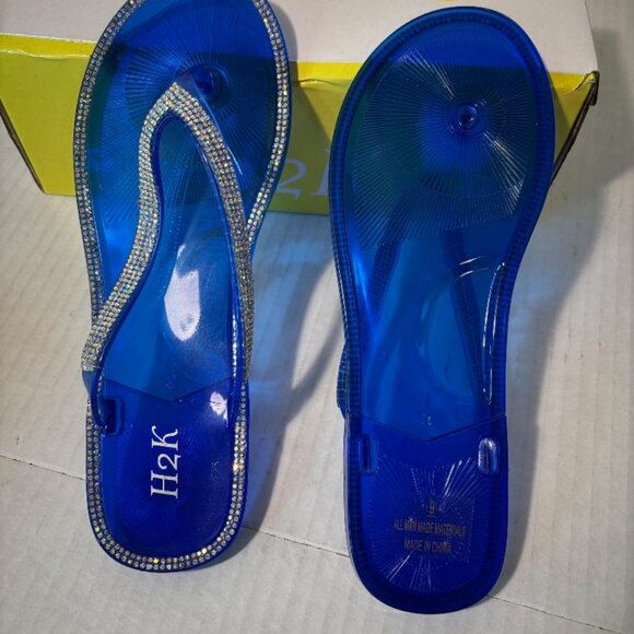 H2K Jelly Slides Sandals Royal Blue w/small rhinestone trim Flat bottoms NIB - Picture 2 of 2